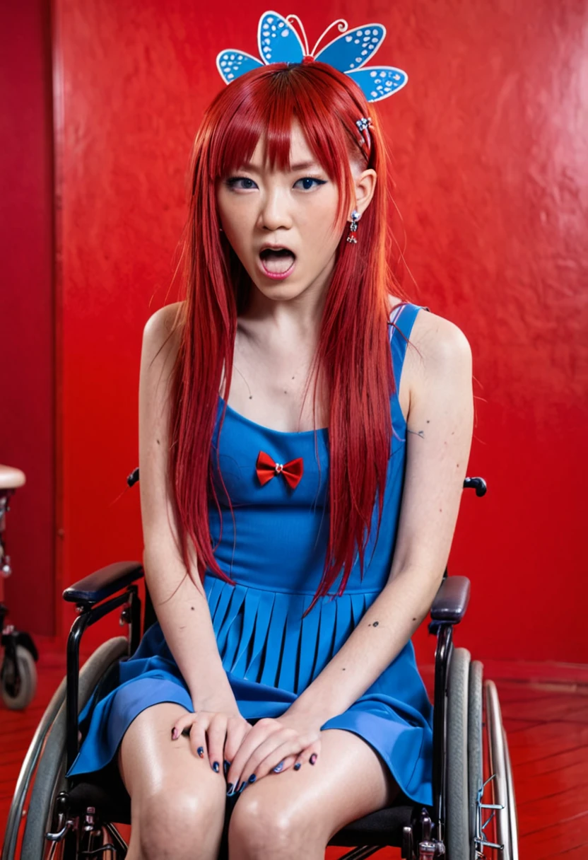 Uhd, photo of Cami, subject: Noriko, 1/2 Japanese 1/2 Hainu skinny girl in a 2/0 large wheelchair with long red hair and fringe, blue+++ eyes, oval face, LGBTQIA+, queer, punk style, wearing 1/3 long red dress, buttefly hairclip, tattooes.  She is very angry and looks towards the camera.. She is shouting. Background: red room.