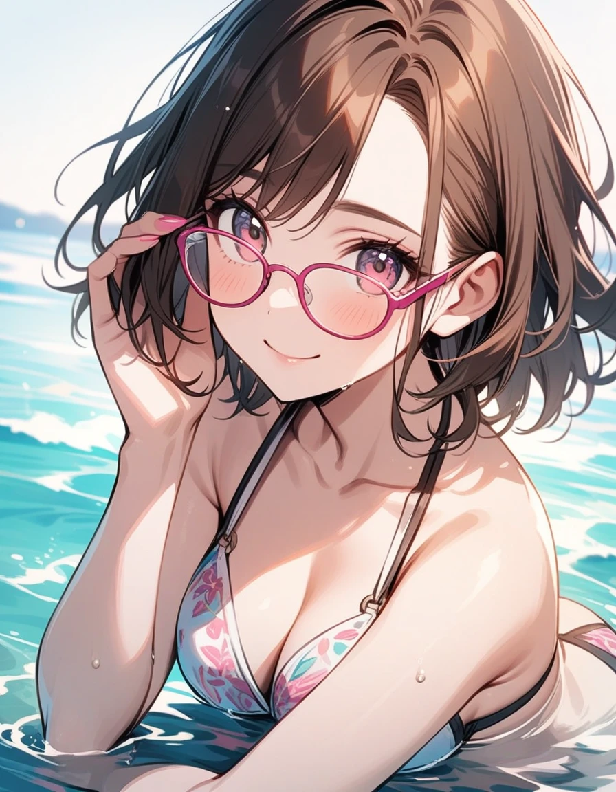 so beautiful, Beautiful Eyes, Highest quality, Very detailed, Intricate details, One Girl ,Short brown hair, Brown eyes, Thick thighs, bikini, good looking, Medium Hair, Brown Hair, Pink highlights on the tip, Pale pink eyes,Wear glasses、beautiful sea、Happy smile、In the water、colorful