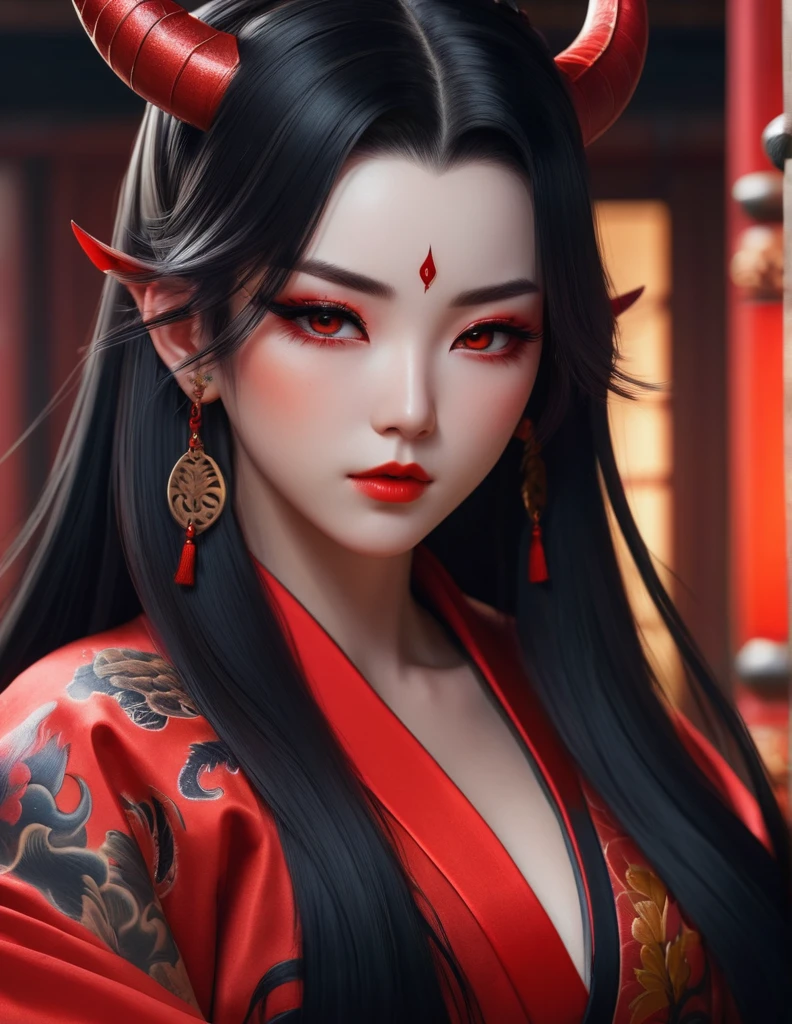 quality(8k wallpaper of extremely detailed CG unit, masterpiece, hight resolution, top-quality, top-quality real texture skin,hyper realisitic, digitial painting,increase the resolution,RAW photos,best qualtiy,highly detailed,the wallpaper),BREAK,8K, onmyoji-style art, black long hair , devil girl, owel tattoos, red robe , full face, close up shot, frontal shot