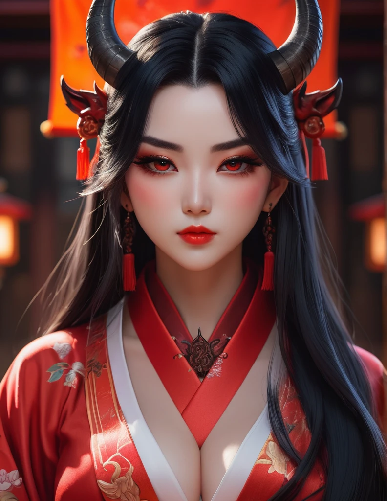 quality(8k wallpaper of extremely detailed CG unit, ​masterpiece, hight resolution, top-quality, top-quality real texture skin,hyper realisitic, digitial painting,increase the resolution,RAW photos，best qualtiy,highly detailed,the wallpaper),BREAK,8K, onmyoji-style art,  black long hair , devil girl, owel tattoos, red robe , full face, close up shot,  frontal shot