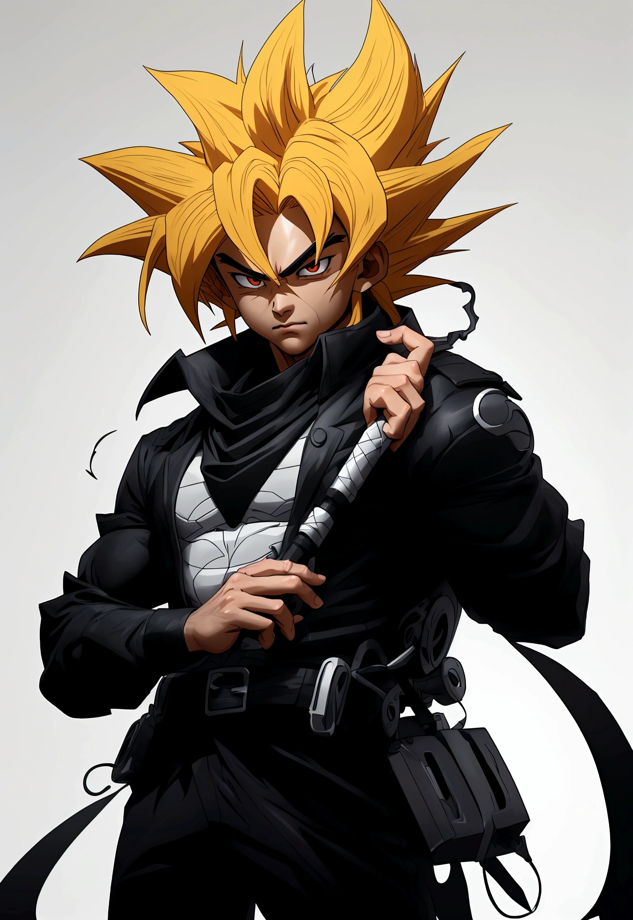 Goku, the legendary Saiyan warrior with a detailed face and defined features, an intense gaze, his spiky golden hair fused with the black and white curls of Satoru Gojo, the master of the Occult Arts, wearing Gojo's black jacket and dark pants , a mix of ki and curse energies flow around him, in a combat pose ready to unleash his superhuman power, detailed and high quality image --ar 16:9 --q 1 --v 6.0