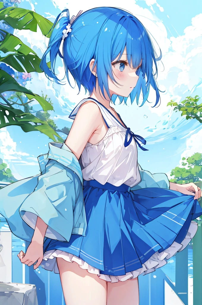 Profile of the girl、Blue hair short、Summer clothes、Embarrassed