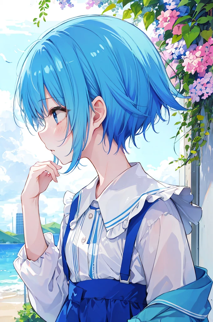 Profile of the girl、Blue hair short、Summer clothes、Embarrassed