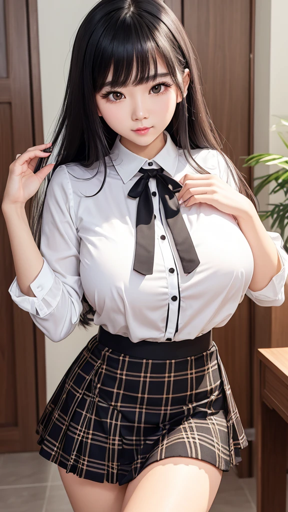 Detailed face、highlight、Asian Girl、thigh、Tabletop、breast enhancement、Bodyline、Black Hair、Heavy bangs、Checkered Skirt、White blouse、Support your chest with both arms、