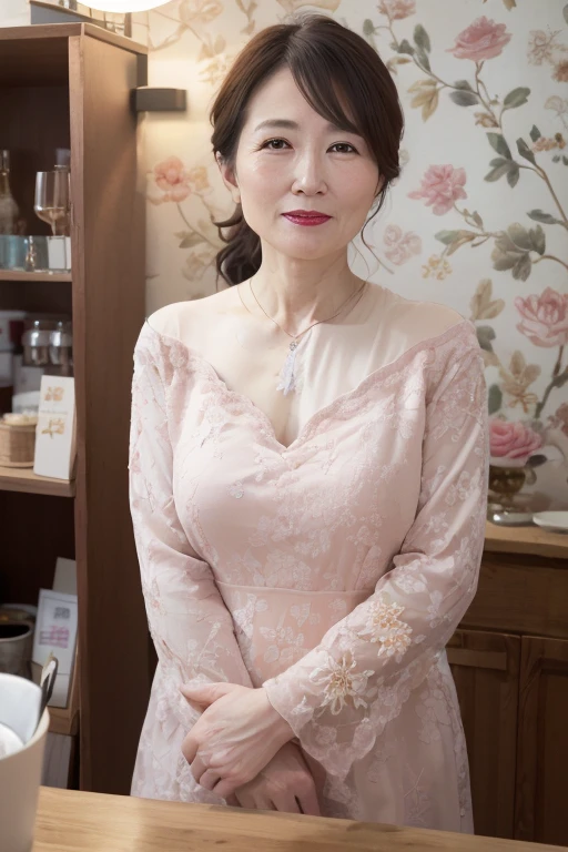 A calm and mature 55 year old Japanese woman, Married women, Delicate features, Long eyelashes, Sparkling eyes, Low Ponytail, Red lipstick, Rosy Cheeks, compensate, Heavy makeup, elegant, Candid pose, Aristocratic costume, ((whole body)), society, wallpaper, (Highest quality,8K,High resolution,masterpiece:1.2),