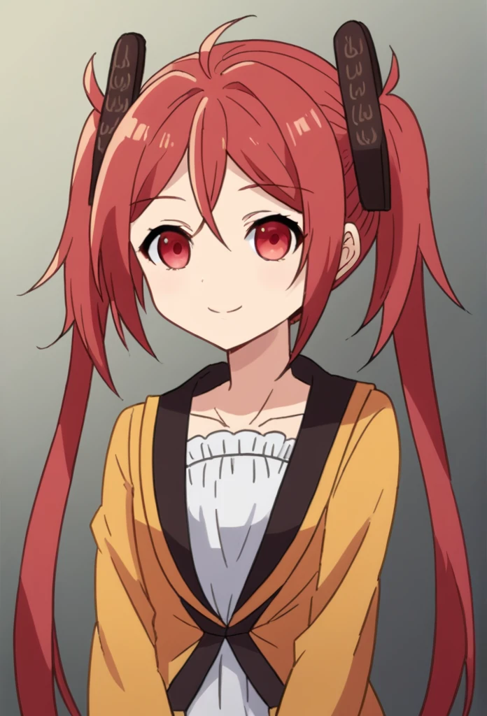 score_9, score_8_up, 1girl, cute, solo, portrait, straight on, upper body, upper body, cheerful, (ear tufts:1.2), maid, soft lighting, warm lighting, ((Crimson hair)), ((Red eyes)), enju aihara, long hair, hair ornament, twintails, (Cute maid outfit with a smile)