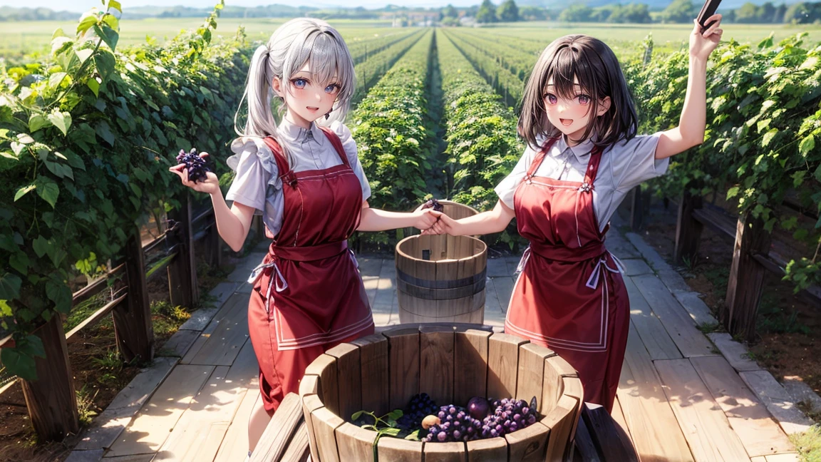 Two women joyfully stomping grapes under a clear blue sky as part of traditional winemaking. They are dressed in red dresses with white aprons, standing in a large wooden vat filled with grapes. The abundance of fruit around them adds to the scene's vibrancy, and their smiles reflect the fun of the moment. In the background, a sunny sky and the French countryside are visible. They are standing in a large wooden vat.