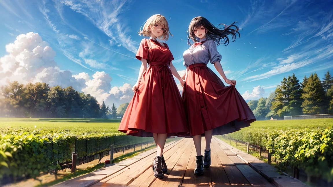 Two women joyfully stomping grapes under a clear blue sky as part of traditional winemaking. They are dressed in red dresses with white aprons, standing in a large wooden vat filled with grapes. The abundance of fruit around them adds to the scene's vibrancy, and their smiles reflect the fun of the moment. In the background, a sunny sky and the French countryside are visible. They are standing in a large wooden vat.