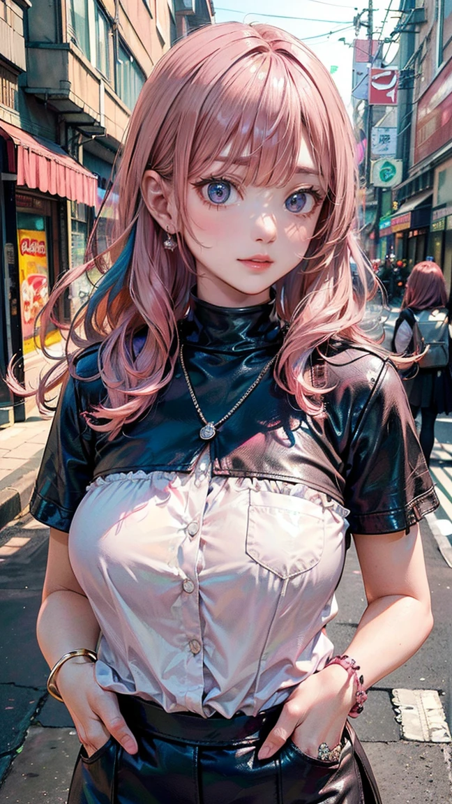 (Masterpiece, BestQuality:1.3), (ultra detailed:1.2), (hyperrealistic:1.3), (RAW photo:1.2), High detail RAW color photo, professional photograph, (Photorealistic:1.4), (realistic:1.4), (Pink Hair:1.5), professional lighting, perfect anatomy, (Big Breasts:1.2), (blush, detailed face), (cheerful Smile:1.5), Trending Hair&Trending Hairカラーをランダムに, earrings, necklace, bracelet, sexly, erotic sexly, Random sexy gravure poses, (Beautiful woman in a black leather skirt、Urban neon street in the background、Cool look、Long hair fluttering in the wind、Stand with one hand in your pocket、A slit in the skirt reveals a garter belt。:1.3)