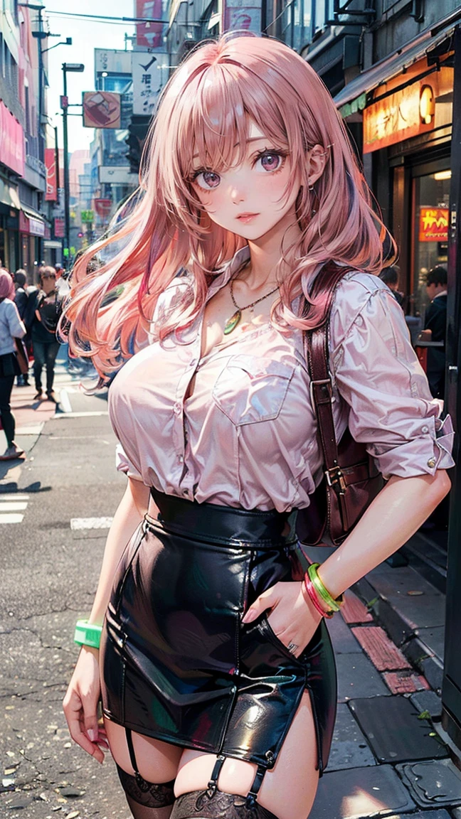 (Masterpiece, BestQuality:1.3), (ultra detailed:1.2), (hyperrealistic:1.3), (RAW photo:1.2), High detail RAW color photo, professional photograph, (Photorealistic:1.4), (realistic:1.4), (Pink Hair:1.5), professional lighting, perfect , (:1.2), (blush, detailed face), (cheerful Smile:1.5), Trending Hair&Trending Hairカラーをランダムに, earrings, necklace, bracelet, sexly,  sexly, Random  gravure poses, (Beautiful woman in a black leather skirt、Urban neon street in the background、Cool look、Long hair fluttering in the wind、Stand with one hand in your pocket、A slit in the skirt reveals a garter belt。:1.3)
