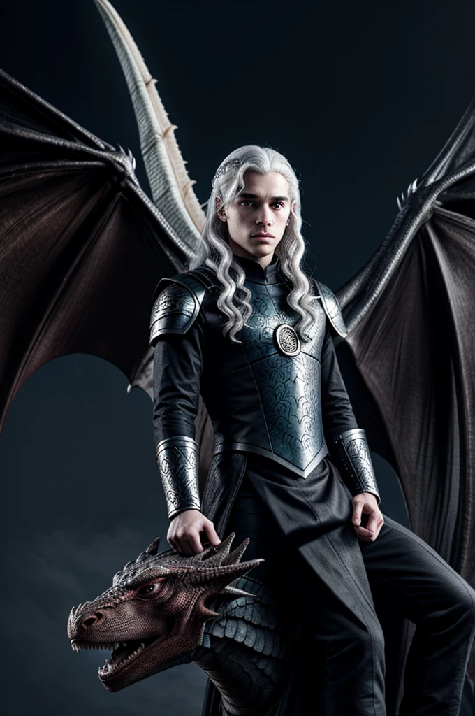 age Daemon Targaryen on a huge dragon, pale skin, silver hair, dressed