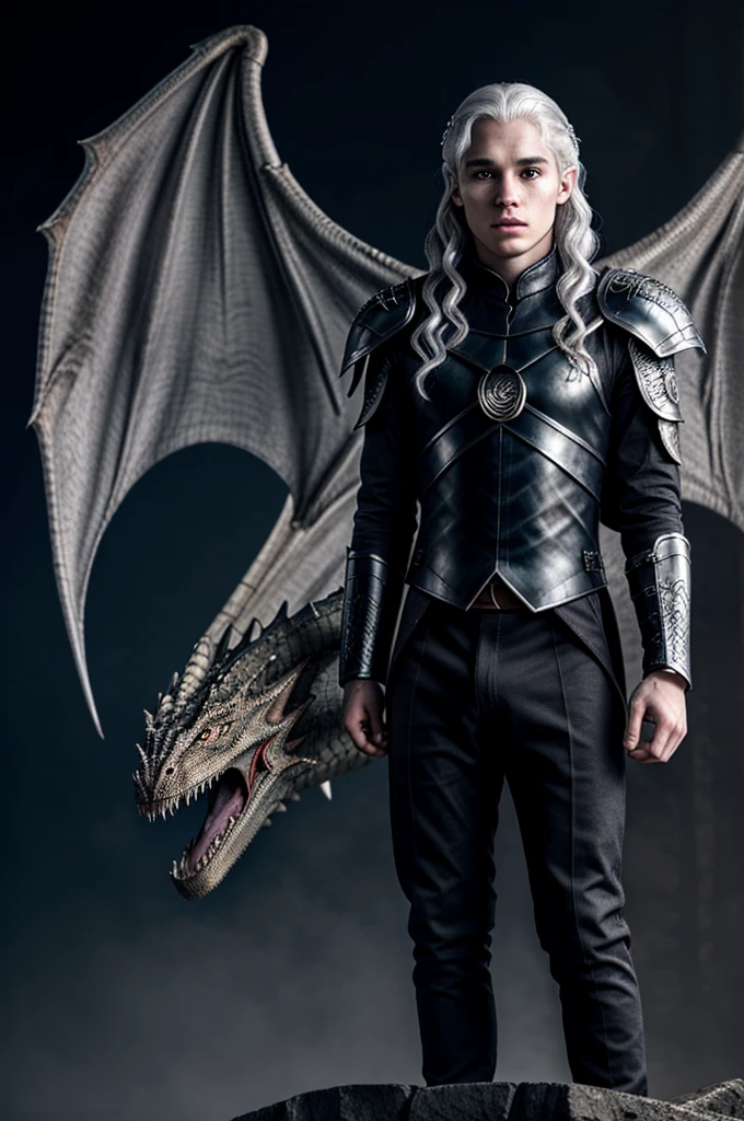 age Daemon Targaryen on a huge dragon, pale skin, silver hair, dressed