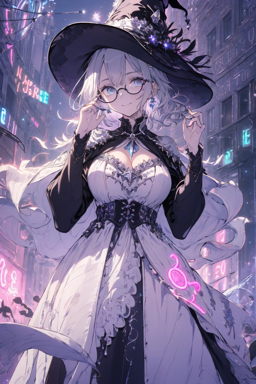 (witchcraft photo:1.1,in neon downtown:1.5), Masterpiece, best quality, (very detailed CG unity 8k wallpaper), (best quality), High definition RAW color art, Animation,sculptures, (silver Marble Skin), (((Ultra detailed elegant))), Magical atmosphere, Detailed skin, Texture,(Intricately detailed, Fine detail, ultra-detail art), depth of fields, bokeh, Silky Touch, Hyper Detail, beautiful eyes, Elegant Face, (ローブ, hands up), sparkle background, (silver hair), pastel purple, fat, shorthair, dress, フリル, witchcraft hat, Round Glasses:1.4, enormous breast, リボン, kawaii smile