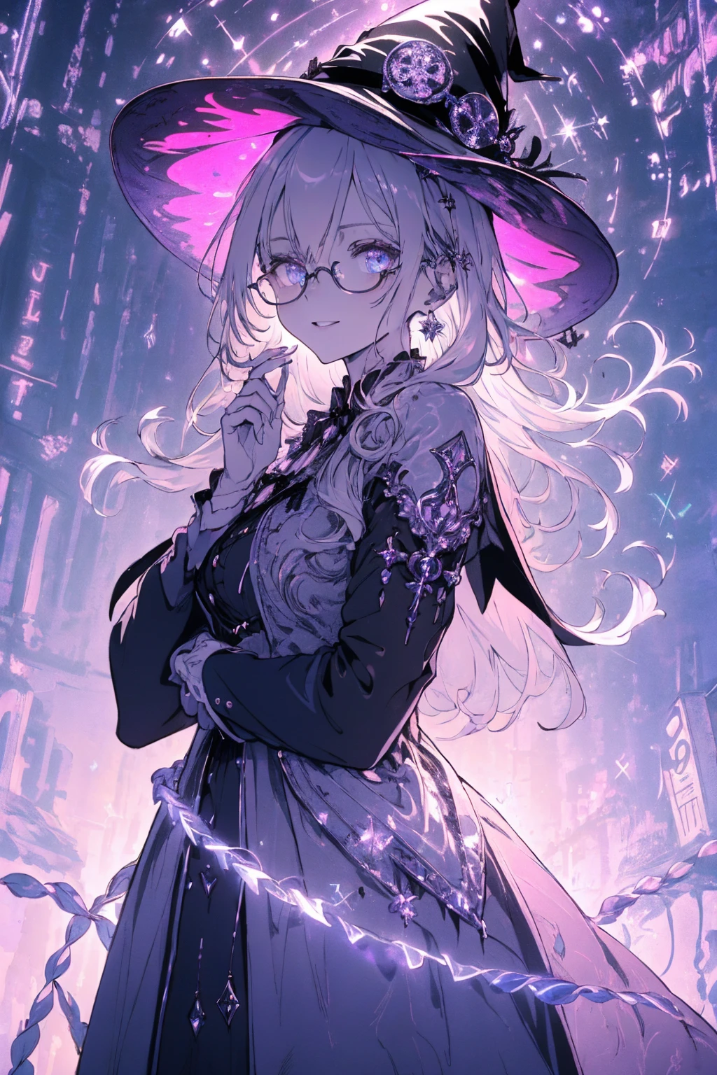 (witchcraft photo:1.1,in neon downtown:1.5), Masterpiece, best quality, (very detailed CG unity 8k wallpaper), (best quality), High definition RAW color art, Animation,sculptures, (silver Marble Skin), (((Ultra detailed elegant))), Magical atmosphere, Detailed skin, Texture,(Intricately detailed, Fine detail, ultra-detail art), depth of fields, bokeh, Silky Touch, Hyper Detail, beautiful eyes, Elegant Face, (ローブ, hands up), sparkle background, (silver hair), pastel purple, fat, shorthair, dress, フリル, witchcraft hat, Round Glasses:1.4, enormous breast, リボン, kawaii smile