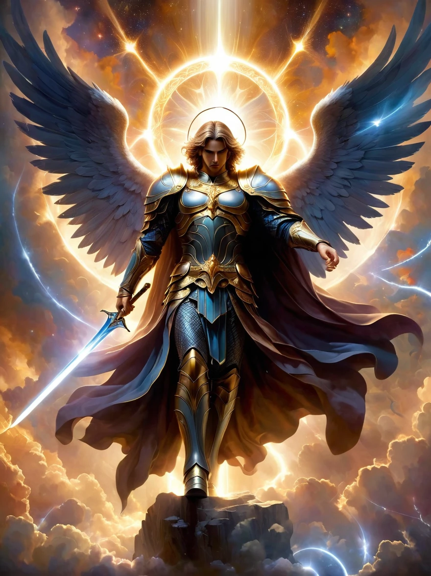 Illustrate a celestial scene showcasing an archangel with a gleaming sword descending from the heavens towards the earth. The archangel, an embodiment of purity and justice, is adorned in a radiant array of ethereal robes. Below him, a figure akin to mythological personifications of evil, appearing as a charismatic man surrounded by an array of menacing figures, stands defiantly. He is sharp-featured, captivating, and is clad in a dark suit symbolising his role as a malevolent leader. Behind him, his army, a horde of impenetrable shadows, makes their ominous presence known.