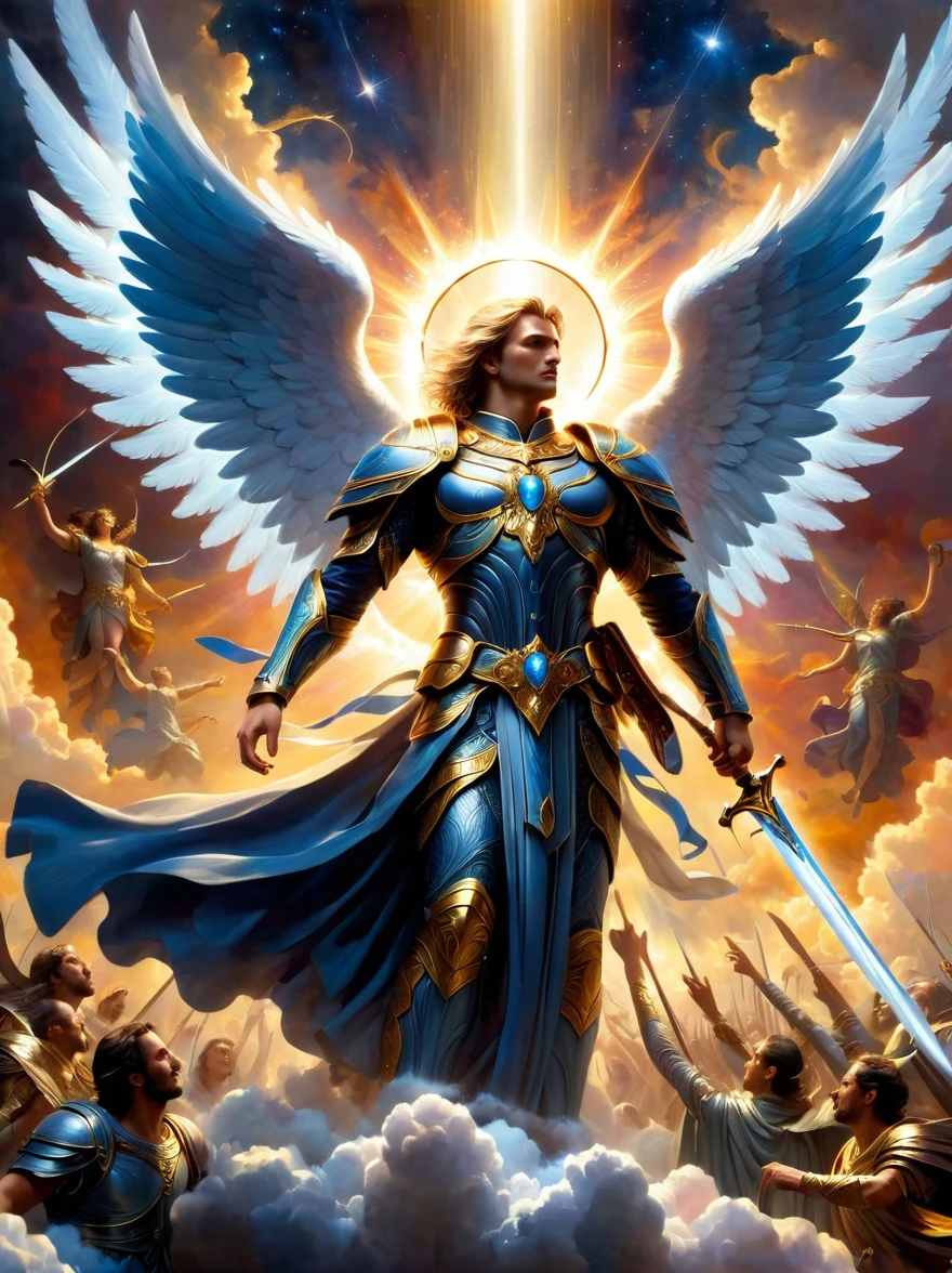 Illustrate a celestial scene showcasing an archangel with a gleaming sword descending from the heavens towards the earth. The archangel, an embodiment of purity and justice, is adorned in a radiant array of ethereal robes. Below him, a figure akin to mythological personifications of evil, appearing as a charismatic man surrounded by an array of menacing figures, stands defiantly. He is sharp-featured, captivating, and is clad in a dark suit symbolising his role as a malevolent leader. Behind him, his army, a horde of impenetrable shadows, makes their ominous presence known.
