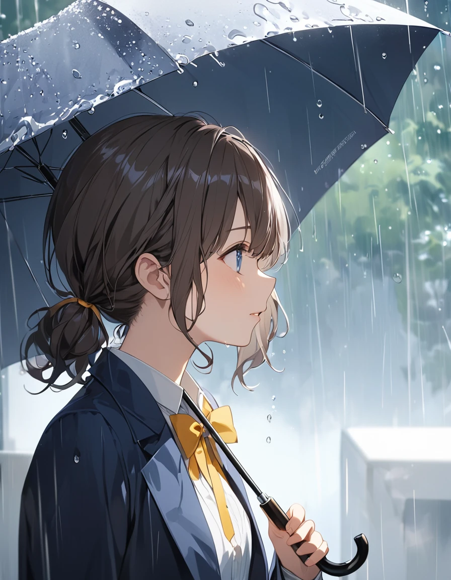 (Highest qualityのイラスト:1.2), (pretty girl:1.1), (1 girl、、Highest qualityのイラスト:1.2), (1 girl、Small breasts、blue eyes)、 Brown Hair、short hair、Wavy Hair、Curly Hair、Low Twintails、(Highest quality、Very detailed、Very detailed and beautiful、Ultra-high resolution) 、、,{Dark Blue Blazer、White shirt、Yellow ribbon、Grey pleated skirt}、throw、from side, Gazing into the distance、rain,Daytime、Use an umbrella
