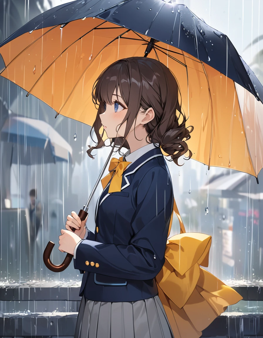 (Highest qualityのイラスト:1.2), (pretty girl:1.1), (1 girl、、Highest qualityのイラスト:1.2), (1 girl、Small breasts、blue eyes)、 Brown Hair、short hair、Wavy Hair、Curly Hair、Low Twintails、(Highest quality、Very detailed、Very detailed and beautiful、Ultra-high resolution) 、、,{Dark Blue Blazer、White shirt、Yellow ribbon、Grey pleated skirt}、throw、from side, Gazing into the distance、rain,Daytime、Use an umbrella