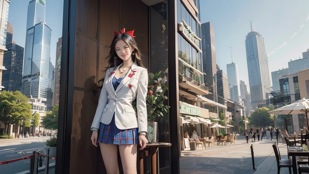 8K、RAW Photos、Highest quality、Super detailed、Super Resolution、Ultra HD、8K壁紙、Amazing details blazer uniform girl ((White blouse with formal collar, Blue Blazer, 
Red Check Skirt, Red checkered ribbon on blouse)), Complete limbs, Full Finger, 
((((((Starbucks outdoor cafe among skyscrapers))))))、((16 year old female student))、(((((Eat cake、smile)))))、(((Heart Necklace、Gold bracelet)))
((((((Woman with Starbucks coffee))))))
(((Emphasize cleavage)))
(((((Ferrari 488)))))
((((Full body photo、The whole body is visible、Full body portrait))))
