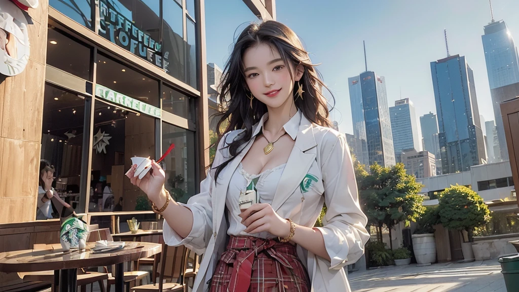 8K、RAW Photos、Highest quality、Super detailed、Super Resolution、Ultra HD、8K壁紙、Amazing details blazer uniform girl ((White blouse with formal collar, Blue Blazer, 
Red Check Skirt, Red checkered ribbon on blouse)), Complete limbs, Full Finger, 
((((((Starbucks outdoor cafe among skyscrapers))))))、((16 year old female student))、(((((Eat cake、smile)))))、(((Heart Necklace、Gold bracelet)))
((((((Woman with Starbucks coffee))))))
(((Emphasize cleavage)))
(((((Ferrari 488)))))
((((Full body photo、The whole body is visible、Full body portrait))))
