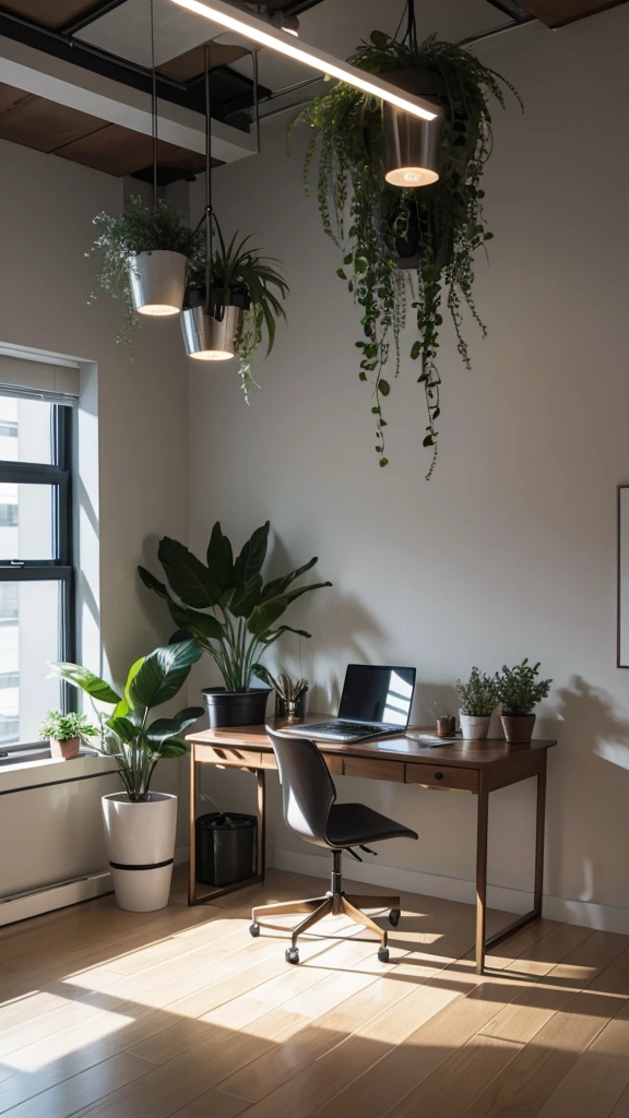Recreate a post-modern office with modern lighting fixtures and potted plants. (it's day)