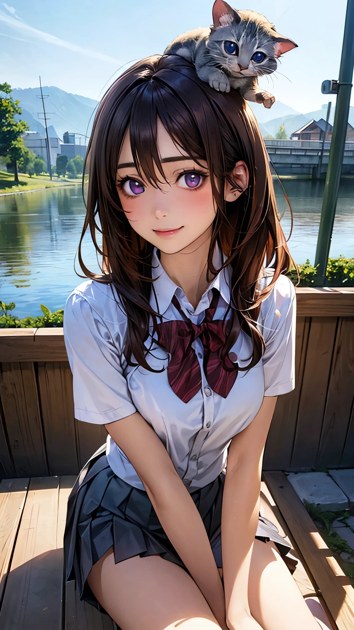 (masterpiece:1.2, top-quality), (realistic, photorealistic:1.4), beautiful illustration, (natural side lighting, movie lighting), nsfw,
looking at viewer, 1 girl, japanese, high school girl, (girl with a kitten on her head), perfect face, cute and symmetrical face, shiny skin,
(middle hair:1.5, two side up:1.2, brown hair), hair between eyes, purple eyes, long eye lasher, (medium breasts), slender, dark red hair ribbon,
beautiful hair, beautiful face, beautiful detailed eyes, beautiful clavicle, beautiful body, beautiful chest, beautiful thigh, beautiful legs, beautiful fingers,
((white collared shirts, grey box pleated mini skirt), dark red bow tie),
(beautiful scenery), evening, (riverside), all fours, (lovely smile, open mouse slightly),