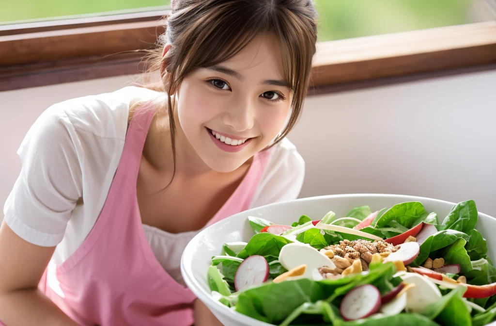 Medium Size Display, Medium Shot, Written boundary depth, bust, Upper Body, Movie angle, masterpiece, highest quality, Very detailed, CG, 8k wallpaper, Beautiful Face, Delicate eyes, Otome, alone, smile, Divide the salad、cute、Pink Apron