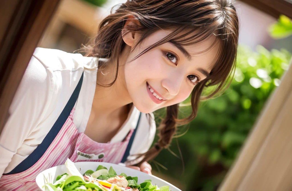 Medium Size Display, Medium Shot, Written boundary depth, bust, Upper Body, Movie angle, masterpiece, highest quality, Very detailed, CG, 8k wallpaper, Beautiful Face, Delicate eyes, Otome, alone, smile, Divide the salad、cute、Pink Apron