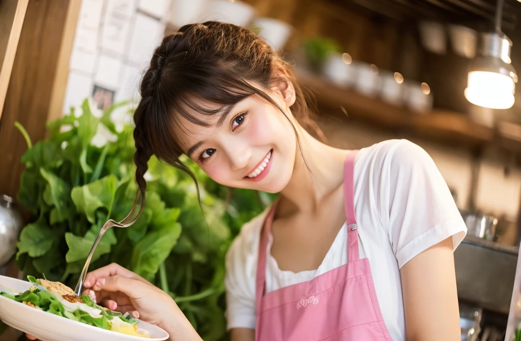 Medium Size Display, Medium Shot, Written boundary depth, bust, Upper Body, Movie angle, masterpiece, highest quality, Very detailed, CG, 8k wallpaper, Beautiful Face, Delicate eyes, Otome, alone, smile, Divide the salad、cute、Pink Apron