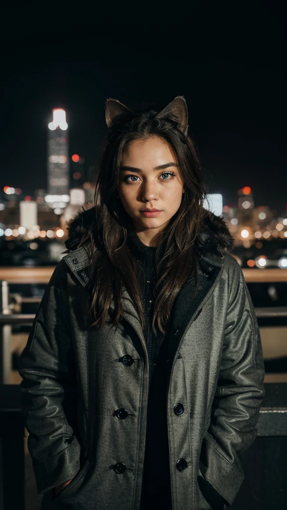 Fujifilm , looking at the viewer, ((very detailed eyes and pupils)), very detailed, serious expression, standing facing the city skyline at night, ((full face lighting)), furry coat,