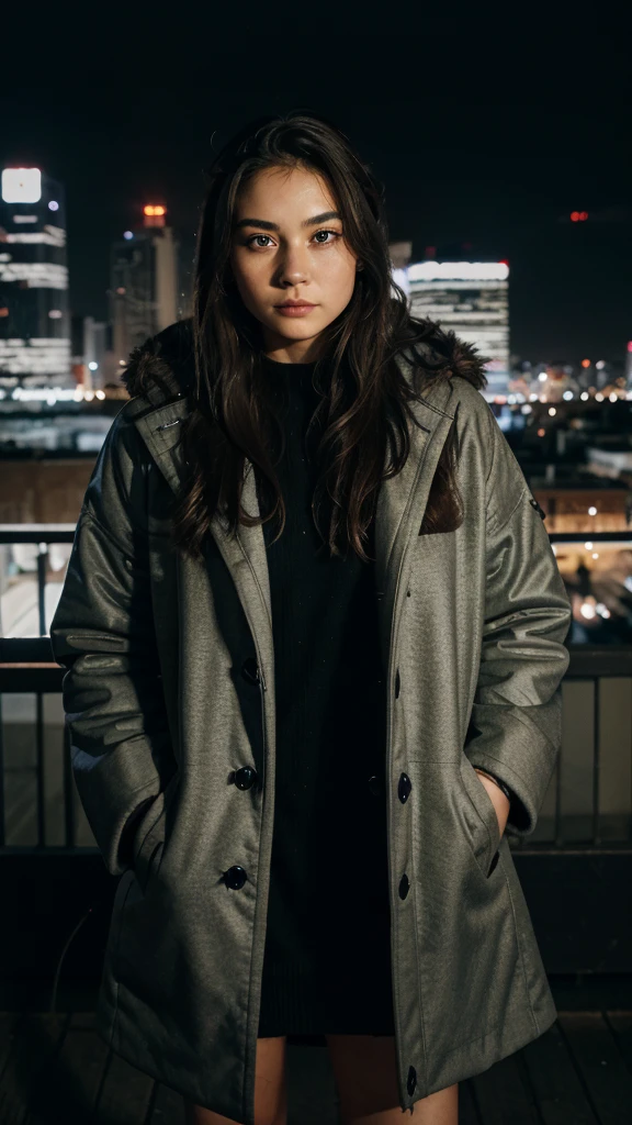 Fujifilm , looking at the viewer, ((very detailed eyes and pupils)), very detailed, serious expression, standing facing the city skyline at night, ((full face lighting)), furry coat,