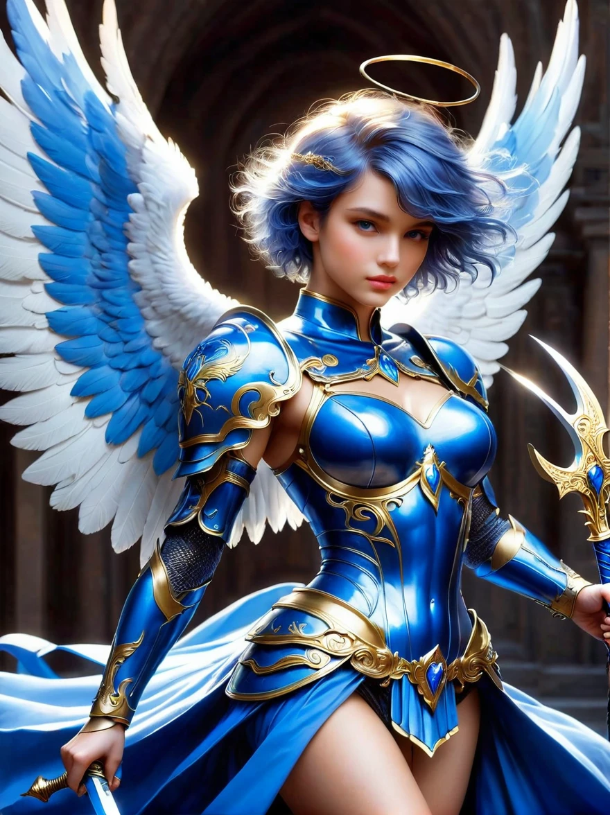 A blue-winged archangel, raising a blue colored sword. The angel has an exceptionally beautiful, and angelic face with short hair.