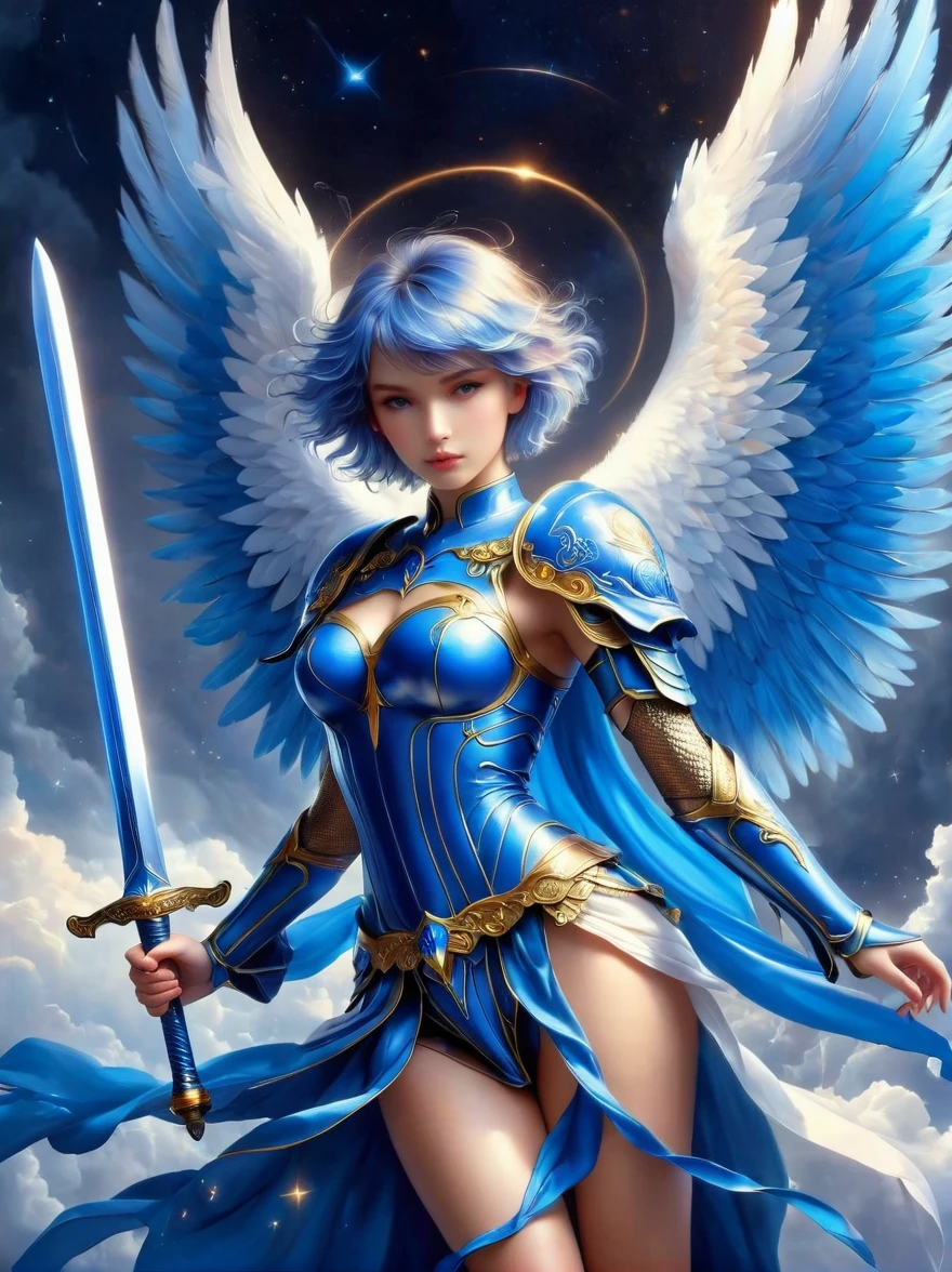 A blue-winged archangel, raising a blue colored sword. The angel has an exceptionally beautiful, and angelic face with short hair.