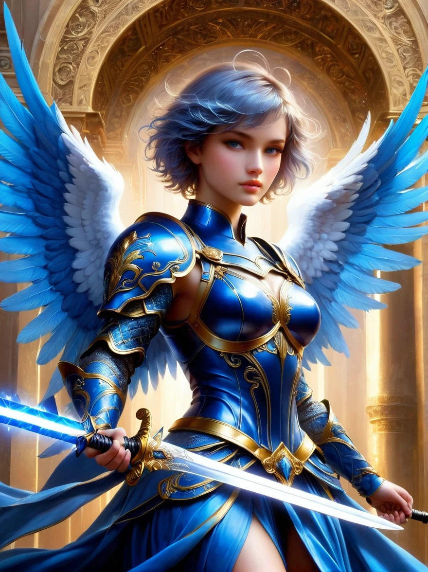 A blue-winged archangel, raising a blue colored sword. The angel has an exceptionally beautiful, and angelic face with short hair.