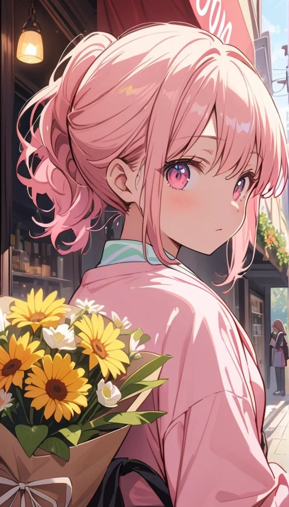1 girl、Spring casual outfit、pastel colour、(Buy a bouquet at a florist)、Inside the store、City florist、Friendly atmosphere、(highest quality、masterpiece、High resolution、detailed)animeスタイル、flat style、(Shining Eyes、detailed美しい顔), BREAK,anime
