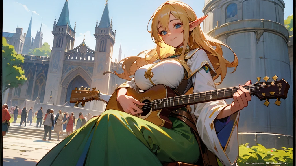 Anime Style,Nostalgic,Detailed background,The medieval world,A bustling square with many people,Smiling bard beautiful elf girl,guitar,Large Breasts,Underarm,Tower of Babel