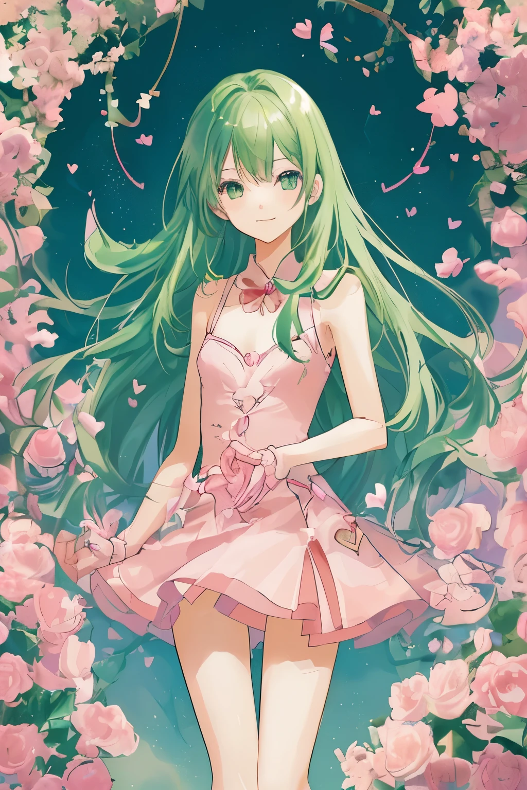 1_girl, (anime, kawai:2), (masterpeice, best_quality, simple, cute, dreamy, vibrant, clean:1.5), (cute, cute_smile, young:1.8), (delicate, beautiful, thin:1.5), (girlfriend, angel:1.6), (green_eyes, simple_eyes:1.5) (long_hair, blond_hair, wearing_pink_dress, pink_angel_wings, sexy_gloves:1.5), extremely_delicate, (love_magic:1.5), (age_size_fits_body), (small_thighs:1.3), (breasts), (eye_level:1.3), (heart_magic, love:1.5),