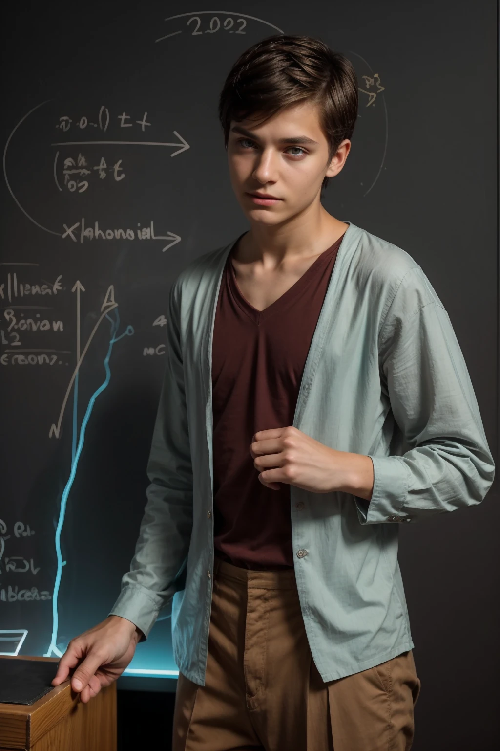 A beautiful young male twink with black hair, wearing a medieval gothic cotton and linen shirt, long sleeves with ties, a V-neck, aquamarine color, and brown cotton pants. He is in his luxurious scientific office, and behind him is a blackboard with neurons written on it, and neon energy comes out of the blackboard. He looks proudly, holding a golden shank in his hand