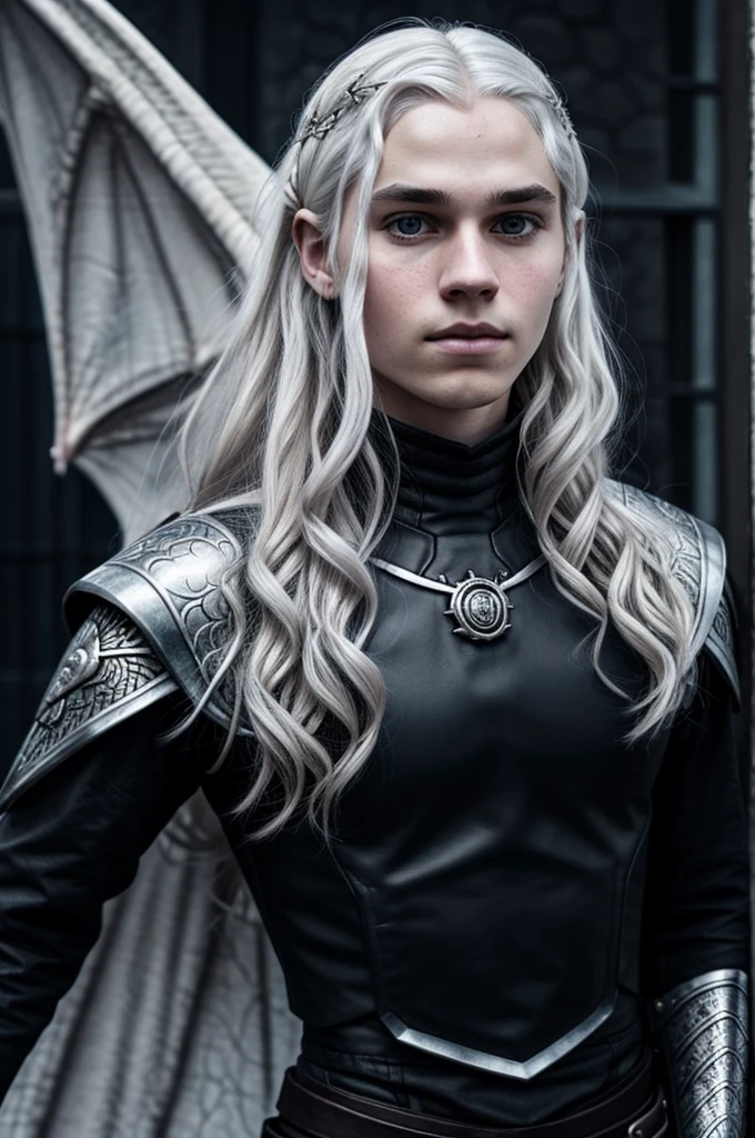 age Daemon Targaryen on a huge dragon, pale skin, swedish, silver hair, dressed