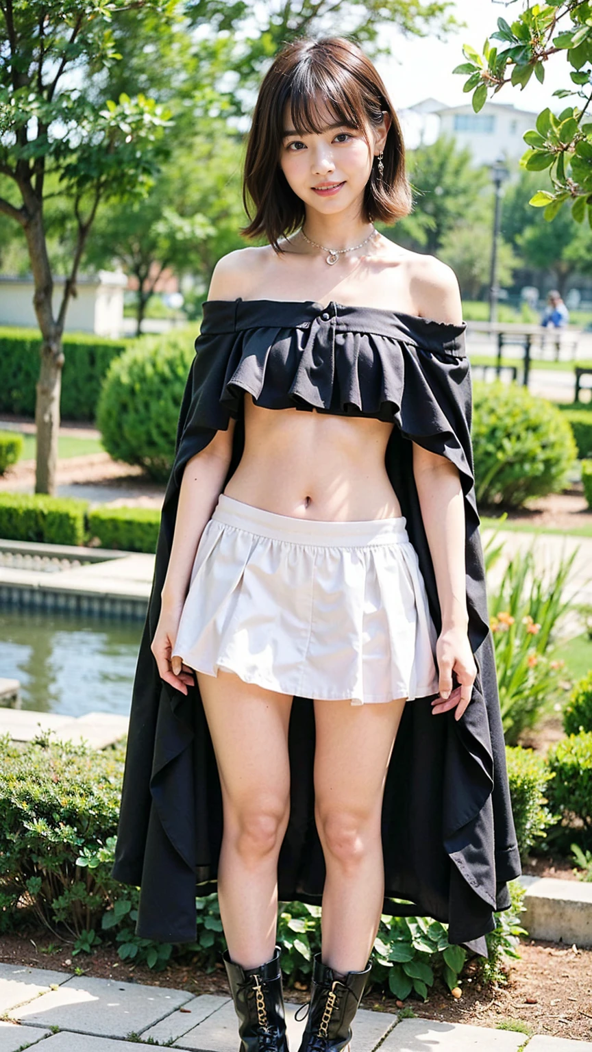 (8K、RAW Photos、Highest quality、masterpiece:1.2)、(Realistic、Realistic)、1 Girl、((black and white mini skirt、smile、short hair、Frills、Off the shoulder、belly button、Cape、Black dress、whole body、See-through、boots、chest emphasis、whole body、garden、View from the front、Looking into the camera、Stand with hands on hips))、