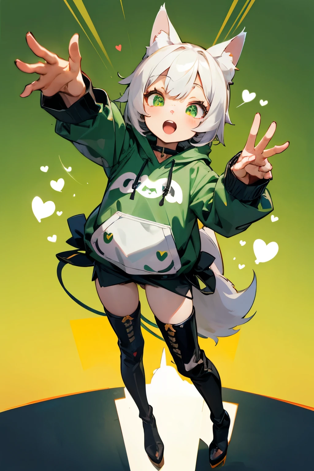 perspective:front,solo,whole body,Illustration style cuteness,shota,Wolf,Eyes are hearts,green,Cute face,Open your mouth,Cat Pose,Double teeth,long hoodie,, knee high boots ,Platform heels