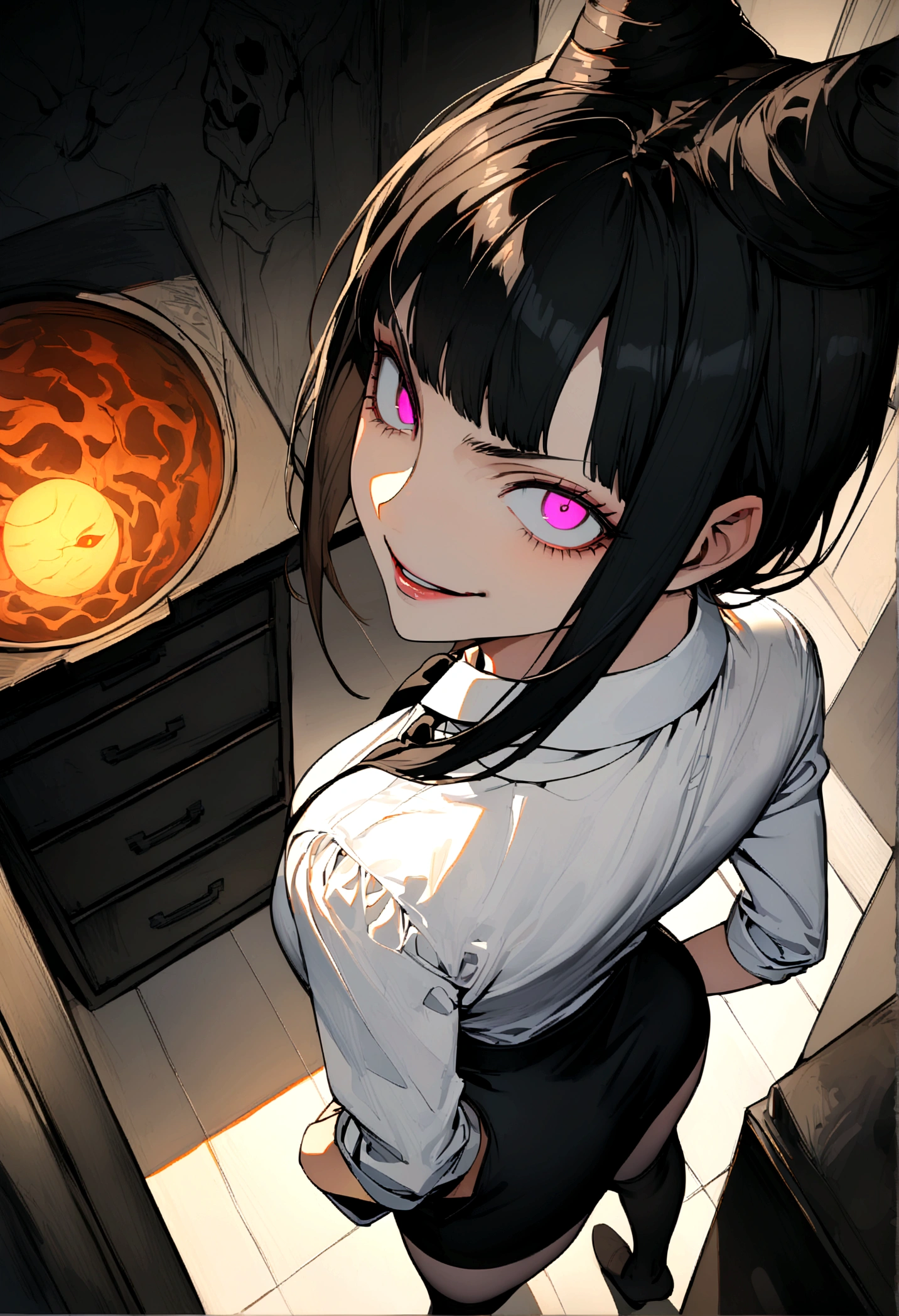 juri han, looking back,hands in pocket,work of art, tight white secretary shirt with black tie, black high waist skirt, short skirt,stocking, black hair, black tightscary sun,office,bangs on the eyes,lighting,horn of hair,view from above,evil smile,Linda