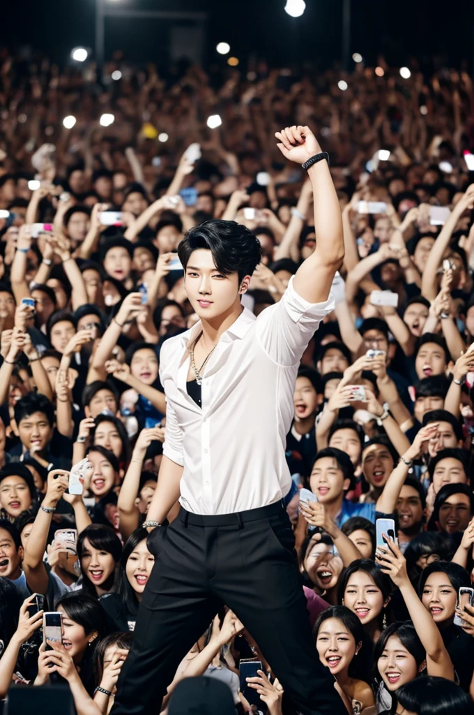 Handsome boy ,topless , micro string thong , penis , the crowds gathered around him , the crowds kissing his body , the crowds covet his body , 16k resolution , ultra-high clarity , hyperrealism, uhd., kpop idol , kissing body