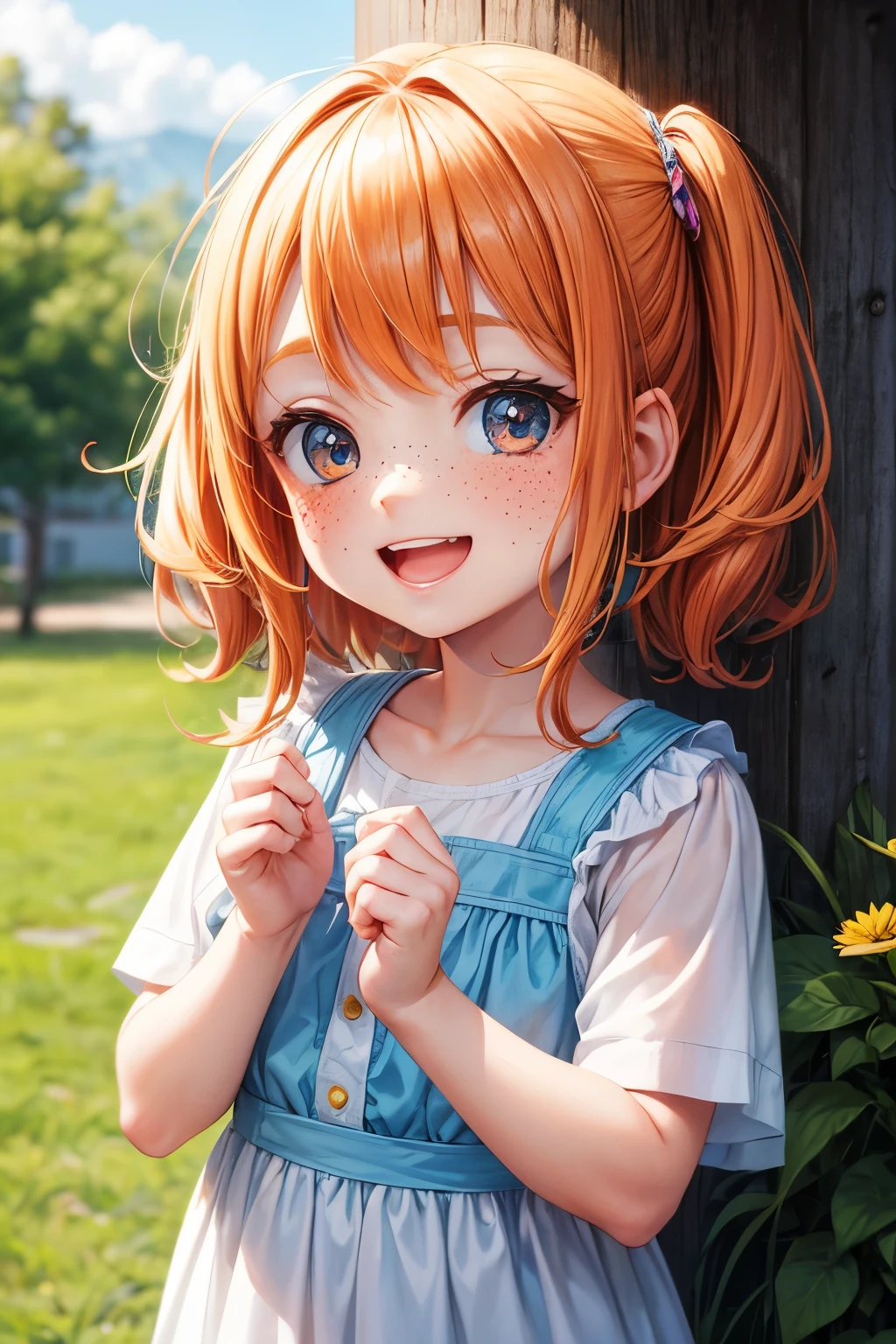 Super happy and cute little girl, Freckles and ginger hair, holding her cheek