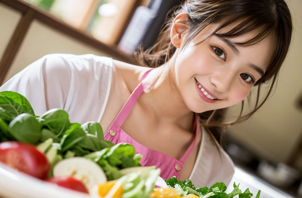 Medium Size Display, Medium Shot, Written boundary depth, bust, Upper Body, Movie angle, masterpiece, highest quality, Very detailed, CG, 8k wallpaper, Beautiful Face, Delicate eyes, Otome, alone, smile, Divide the salad、cute、Pink Apron