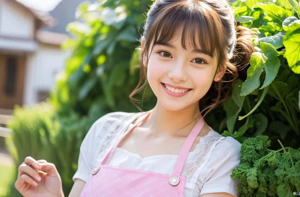 Medium Size Display, Medium Shot, Written boundary depth, bust, Upper Body, Movie angle, masterpiece, highest quality, Very detailed, CG, 8k wallpaper, Beautiful Face, Delicate eyes, Otome, alone, smile, Divide the salad、cute、Pink Apron