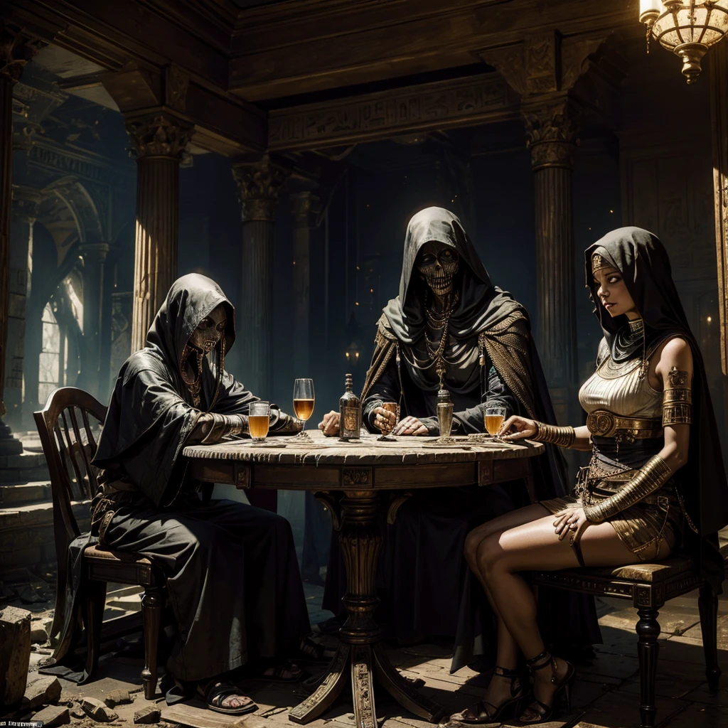 A female Egyptian mummy is sitting at the table together with an undead, in the background a dilapidated Gothic house and the image of the grim reaper