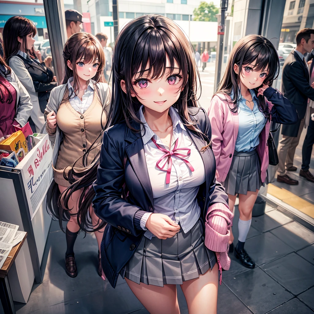 best quality,,smile,cardigan,Girls hugging each other,Evolution Fashion,future fashion,blazer,ribbon on uniform,mini skirt,high school girl,multiple girls are depicted,harem,idol group,photo shoot,long hair,wearing a cardigan,highest quality,big breasts,happy girl,horny girl,pink eyes,perfect face,standing position,I have my hands in my pockets,letting down one's Bangs,beautiful eyes,gym,girls hugging each other,smooth hair,multicolored hair colors,naughty girl,School,beautiful girl,beautiful girl,loose socks