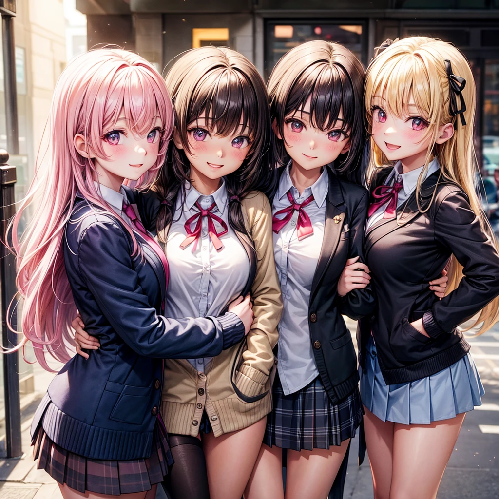 best quality,,smile,cardigan,Girls hugging each other,Evolution Fashion,future fashion,blazer,ribbon on uniform,mini skirt,high school girl,multiple girls are depicted,harem,idol group,photo shoot,long hair,wearing a cardigan,highest quality,big breasts,happy girl,horny girl,pink eyes,perfect face,standing position,I have my hands in my pockets,letting down one's Bangs,beautiful eyes,gym,girls hugging each other,smooth hair,multicolored hair colors,naughty girl,School,beautiful girl,beautiful girl,loose socks