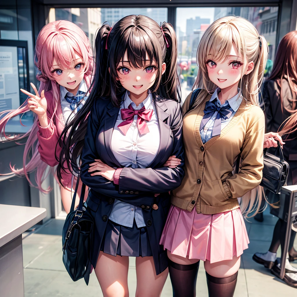 best quality，，smile，cardigan，Girls hugging each other，Evolution Fashion，future fashion，blazer，ribbon on uniform，mini skirt，high school girl，multiple girls are depicted，harem，idol group，photo shoot，long hair，wearing a cardigan，highest quality，big breasts，happy girl,horny girl，pink eyes，perfect face，standing position，I have my hands in my pockets，letting down one&#39;s Bangs，beautiful eyes,gym,girls hugging each other,smooth hair，multicolored hair colors，naughty girl，School，beautiful girl，beautiful girl，loose socks
